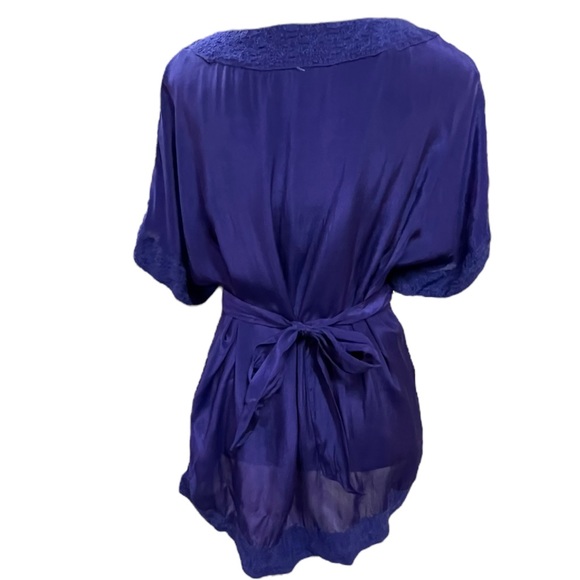Anthropologie MAEVE Short Sleeve V Neck Tie Waist Purple Embroidered Tunic 8 INV - Picture 3 of 10
